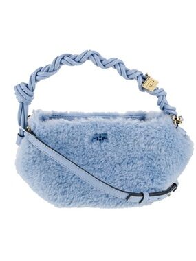 Ganni Light Blue Faux-Shearling Shoulder Bag with Braided Handle